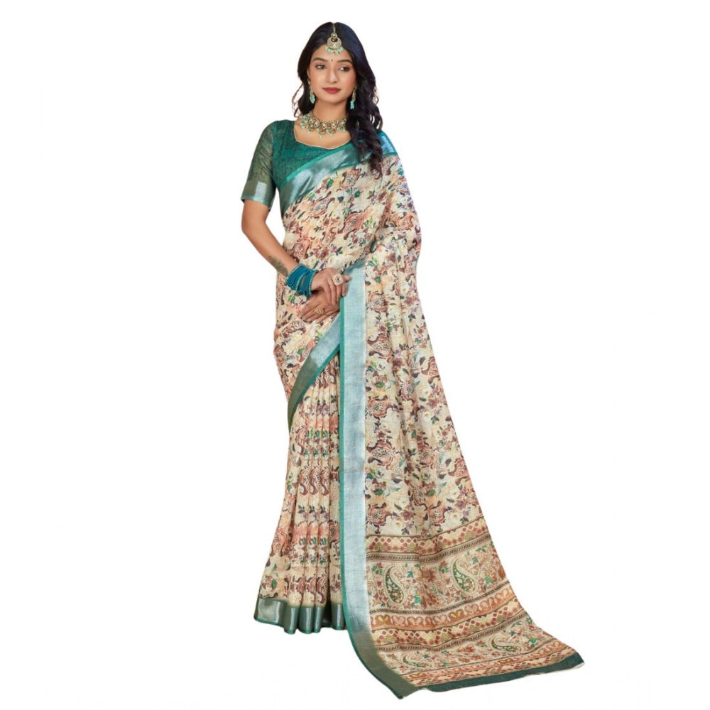Gracious Women's Printed Cotton Linen Saree With Blouse Piece