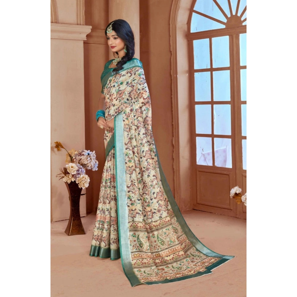 Gracious Women's Printed Cotton Linen Saree With Blouse Piece