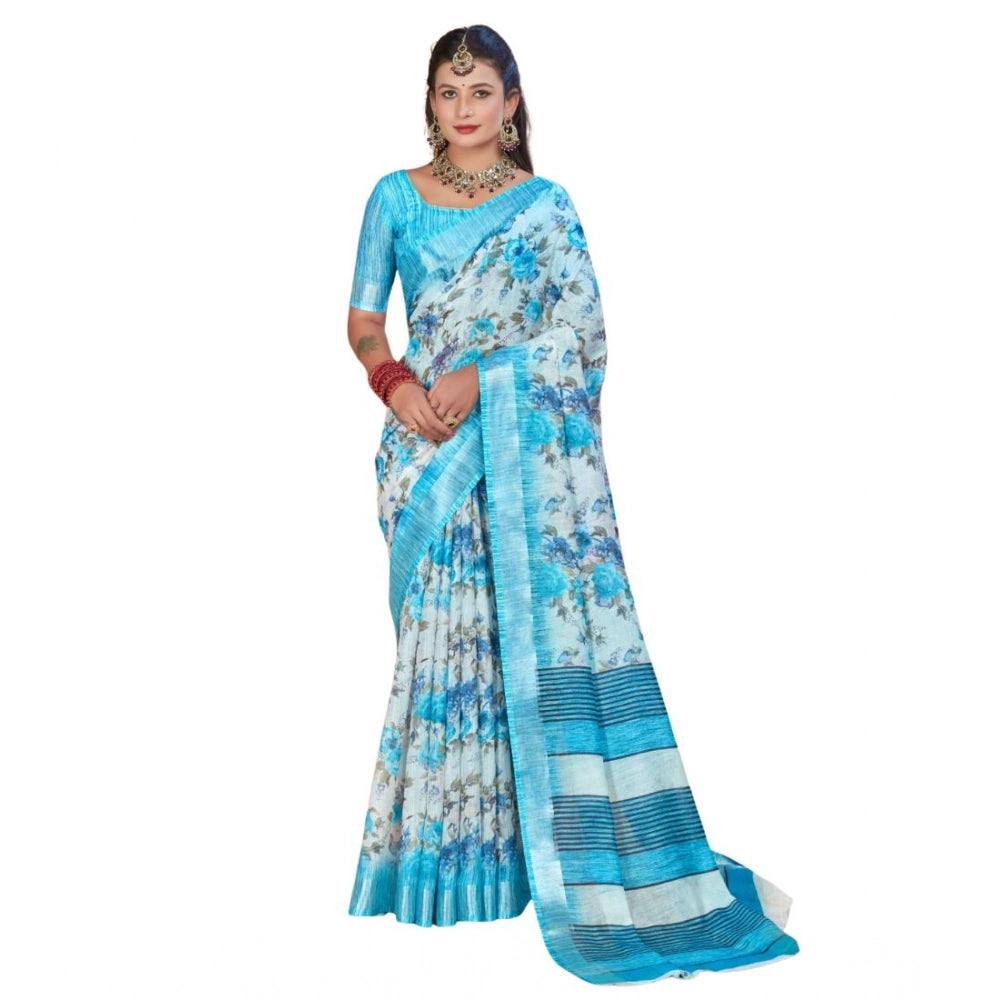 Gracious Women's Printed Cotton Linen Saree With Blouse Piece