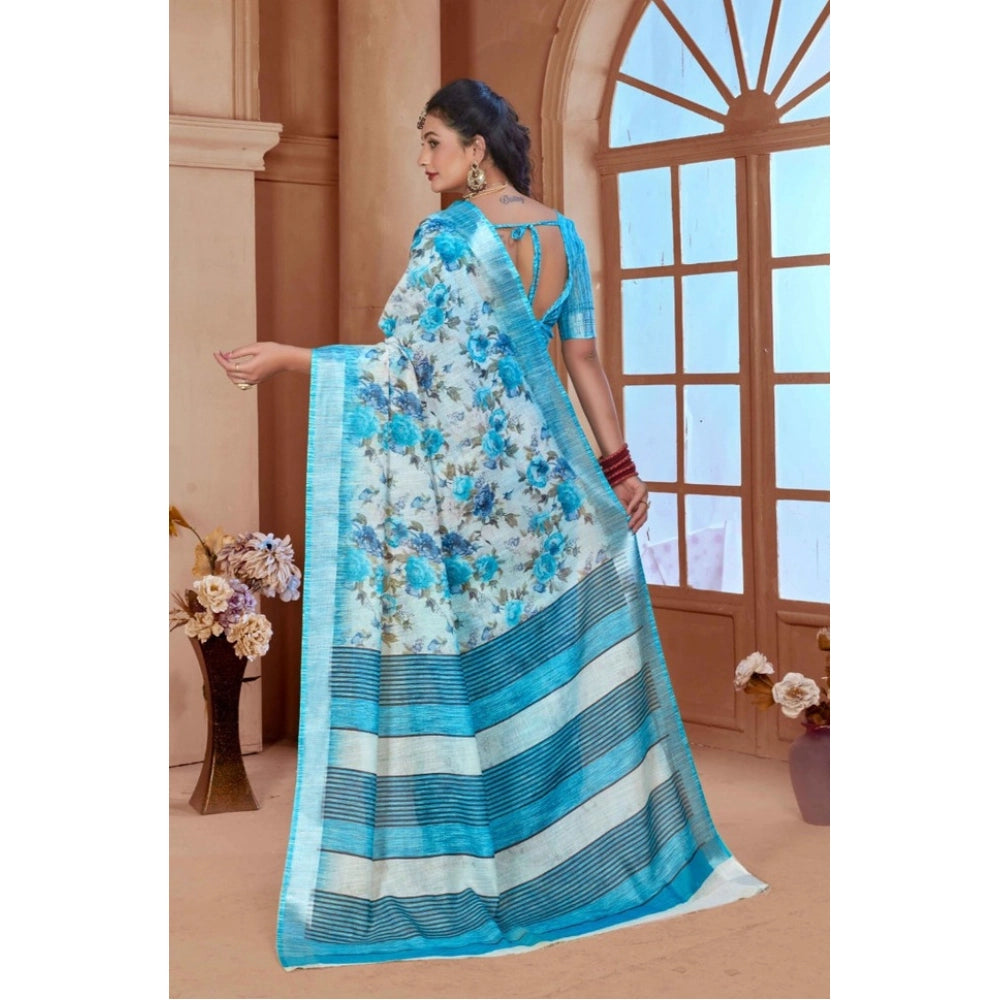 Gracious Women's Printed Cotton Linen Saree With Blouse Piece