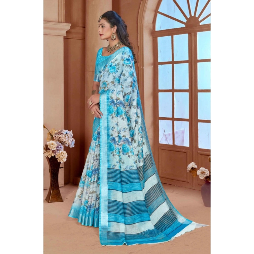 Gracious Women's Printed Cotton Linen Saree With Blouse Piece