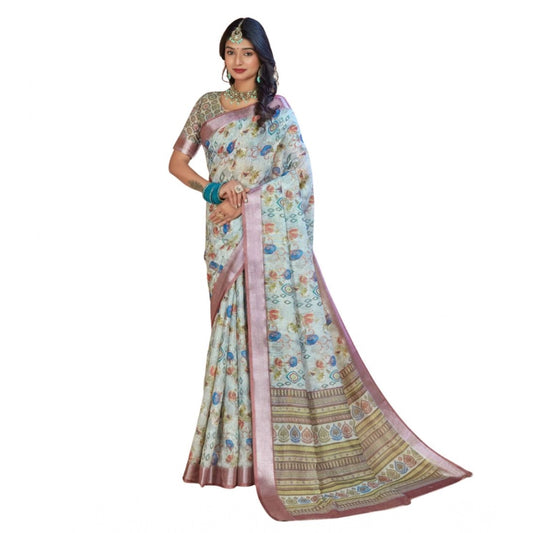 Gracious Women's Printed Cotton Linen Saree With Blouse Piece