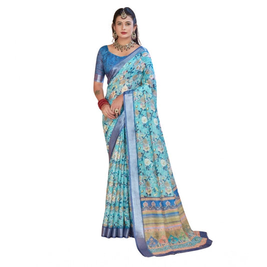 Gracious Women's Printed Cotton Linen Saree With Blouse Piece