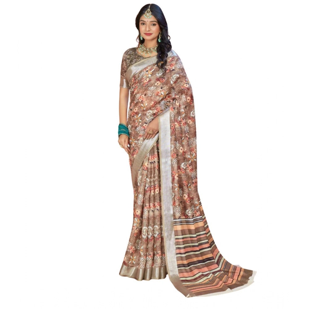 Gracious Women's Printed Cotton Linen Saree With Blouse Piece