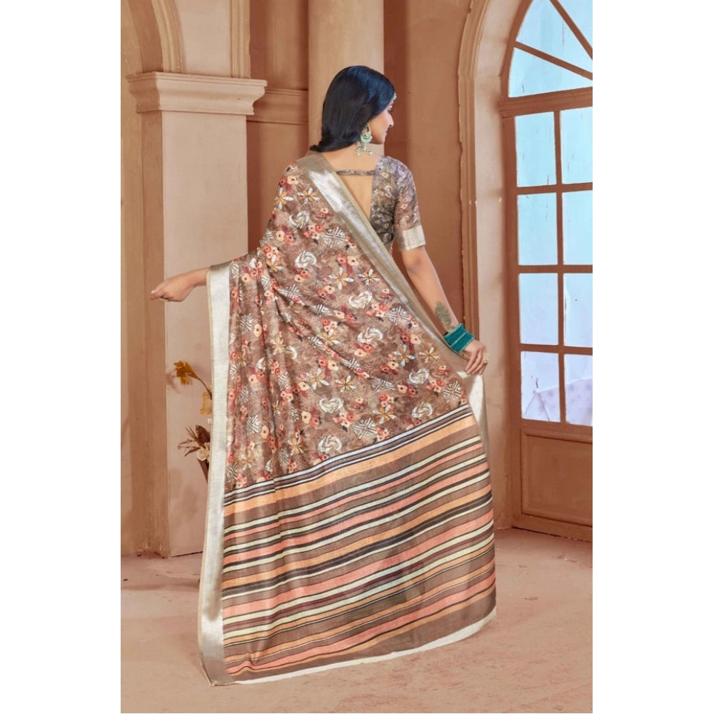 Gracious Women's Printed Cotton Linen Saree With Blouse Piece