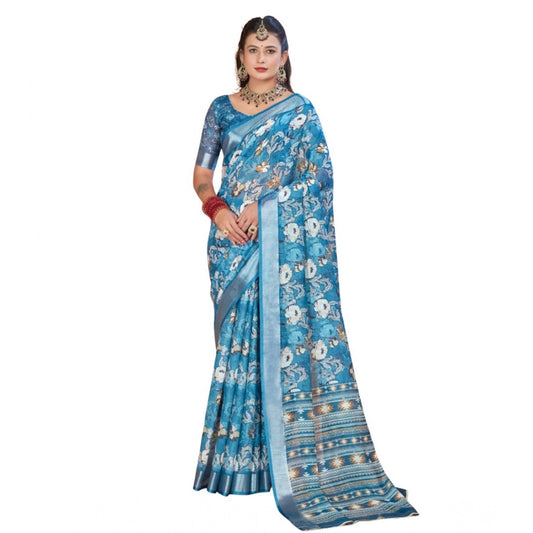 Gracious Women's Printed Cotton Linen Saree With Blouse Piece