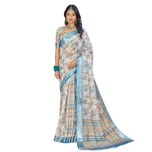 Gracious Women's Printed Cotton Linen Saree With Blouse Piece