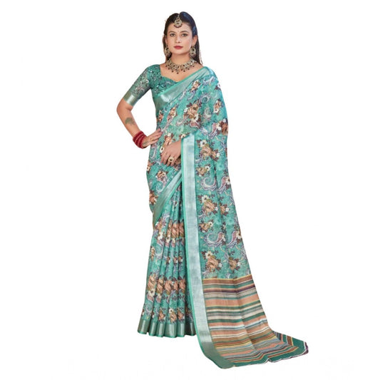 Gracious Women's Printed Cotton Linen Saree With Blouse Piece