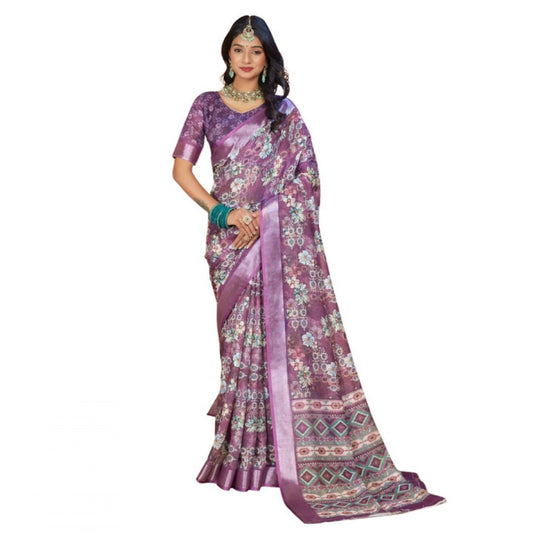 Gracious Women's Printed Cotton Linen Saree With Blouse Piece