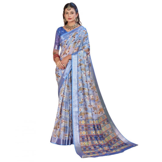 Gracious Women's Printed Cotton Linen Saree With Blouse Piece