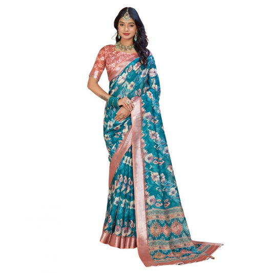 Gracious Women's Printed Cotton Linen Saree With Blouse Piece