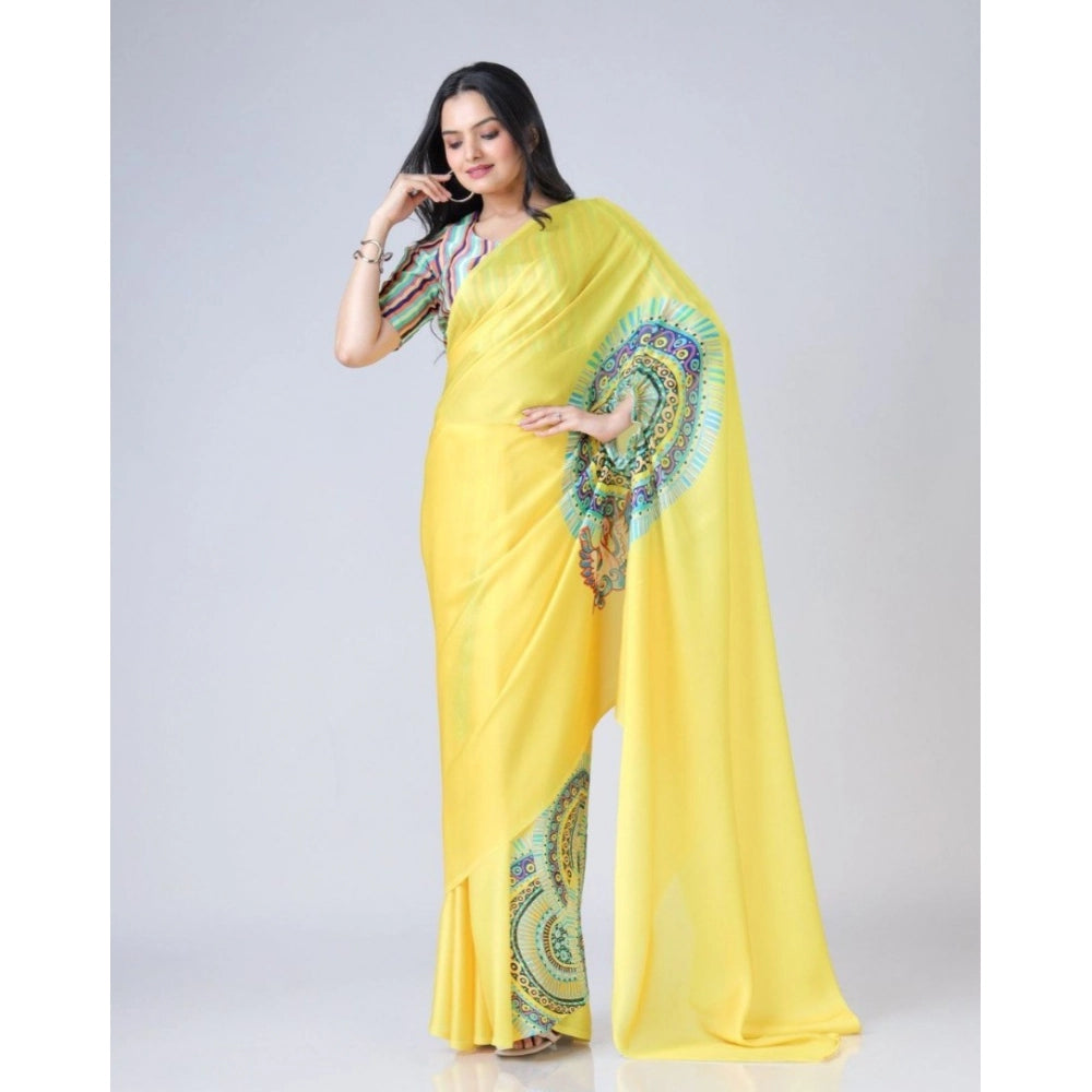 Elegant Kaftan Style Soft Crepe Silk Printed Ready To Wear Saree With Blouse Piece