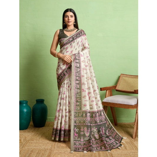 Dashing Women's Silk Blend Printed Saree With Blouse Piece