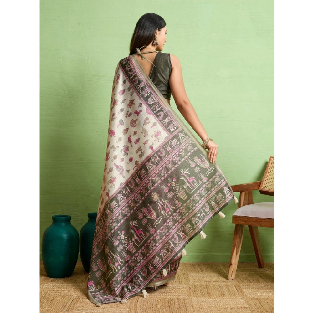 Dashing Women's Silk Blend Printed Saree With Blouse Piece