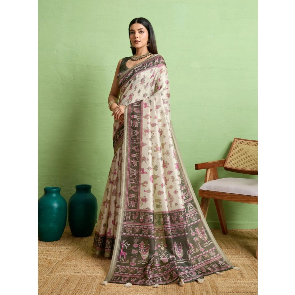 Dashing Women's Silk Blend Printed Saree With Blouse Piece