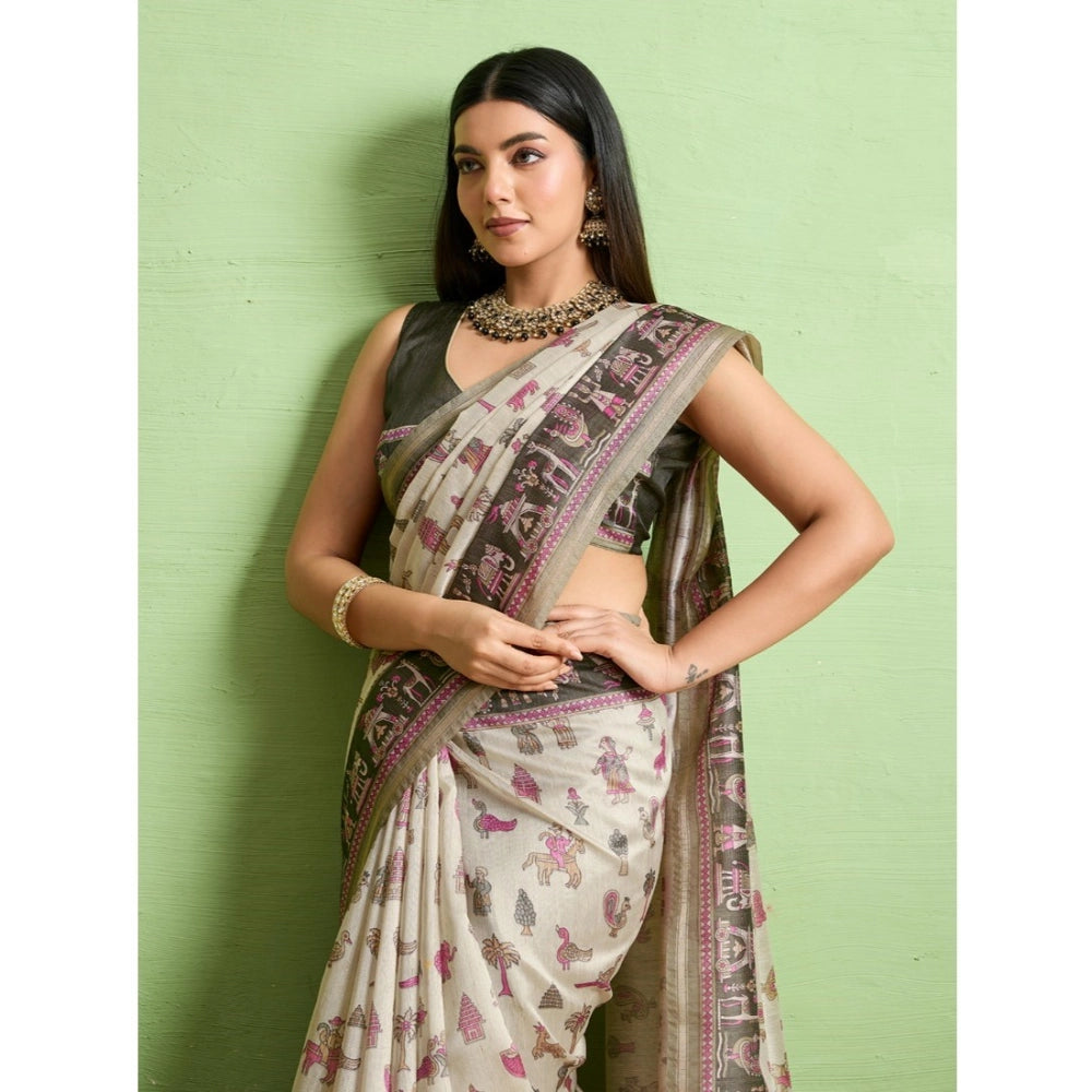Dashing Women's Silk Blend Printed Saree With Blouse Piece