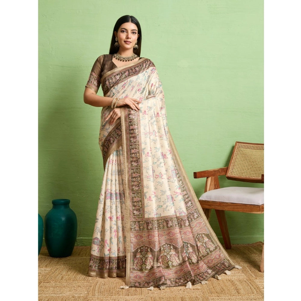 Dashing Women's Silk Blend Printed Saree With Blouse Piece