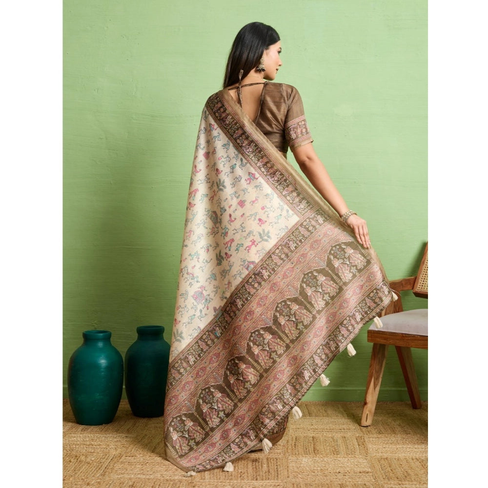 Dashing Women's Silk Blend Printed Saree With Blouse Piece
