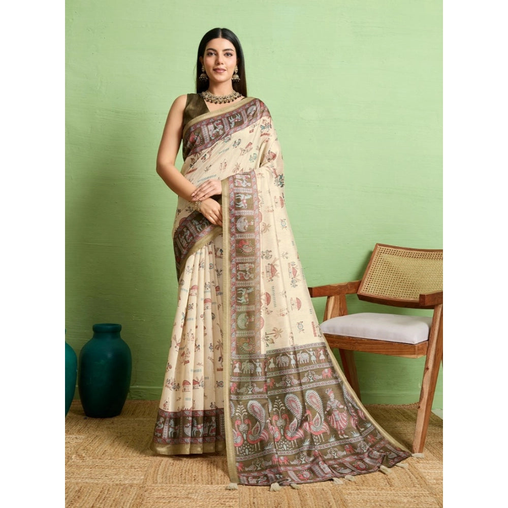 Dashing Women's Silk Blend Printed Saree With Blouse Piece