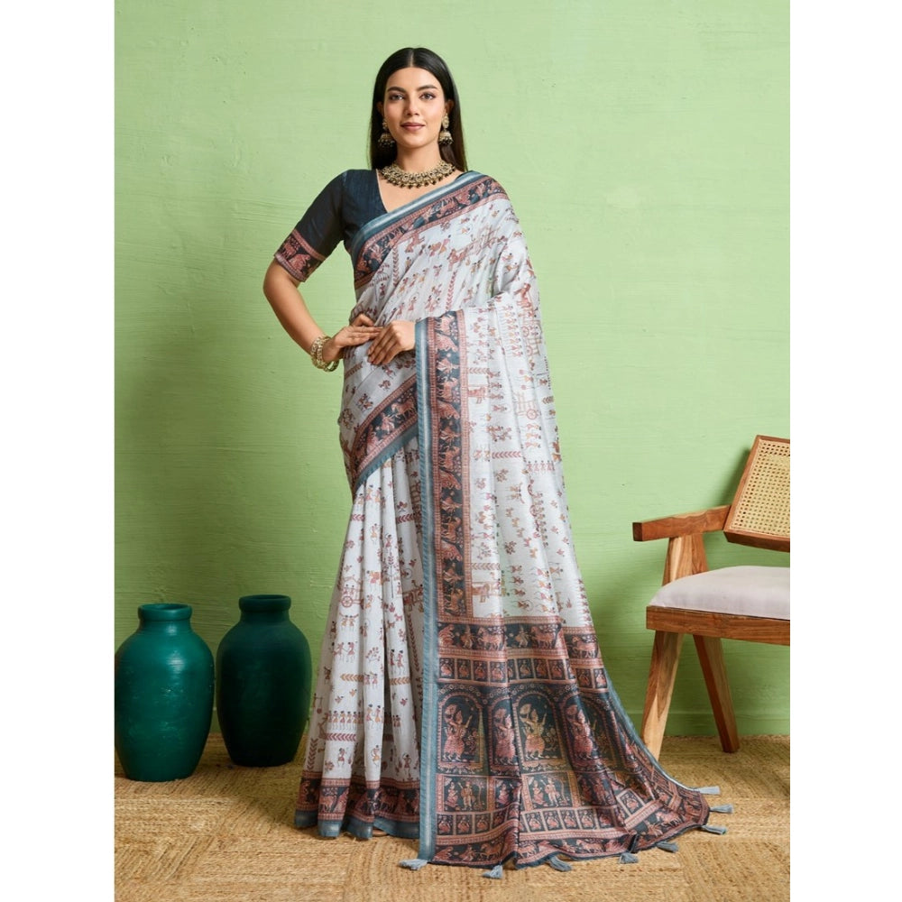Dashing Women's Silk Blend Printed Saree With Blouse Piece