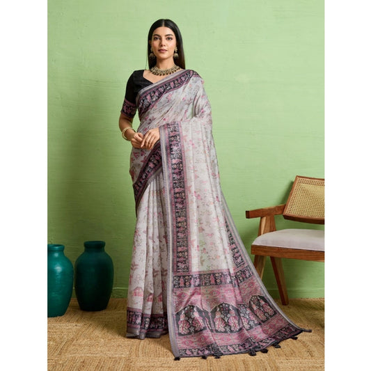Dashing Women's Silk Blend Printed Saree With Blouse Piece