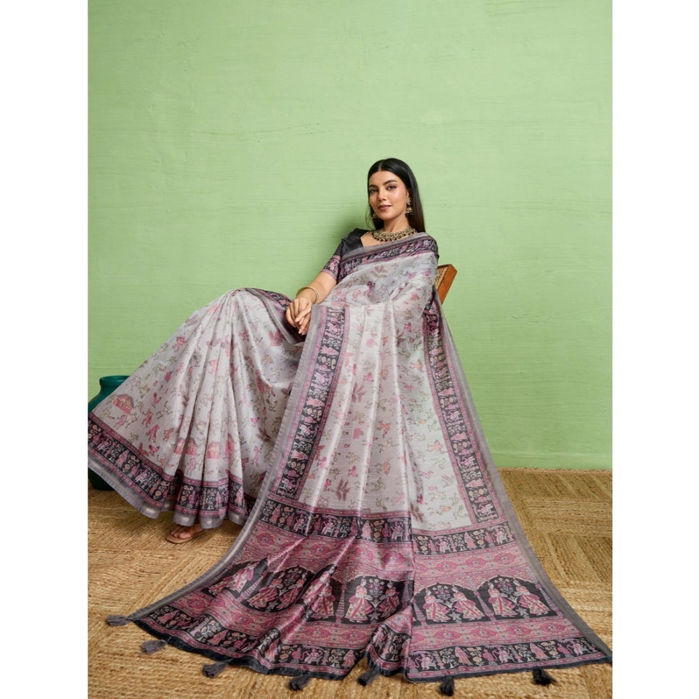 Dashing Women's Silk Blend Printed Saree With Blouse Piece