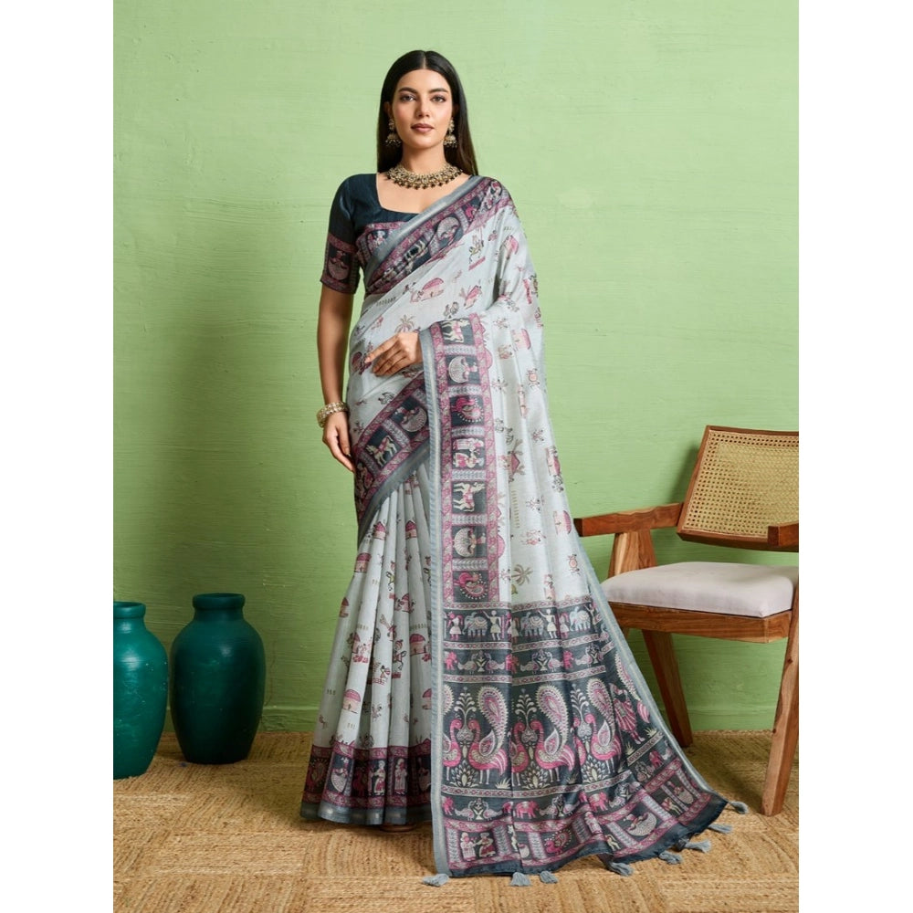Dashing Women's Silk Blend Printed Saree With Blouse Piece