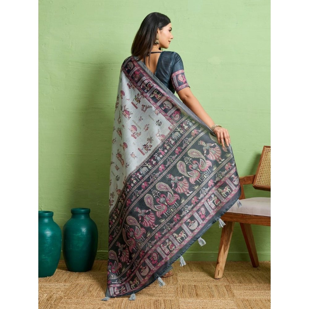 Dashing Women's Silk Blend Printed Saree With Blouse Piece