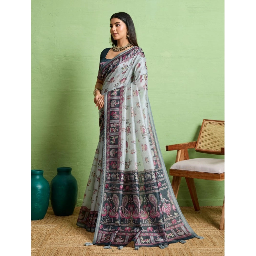 Dashing Women's Silk Blend Printed Saree With Blouse Piece