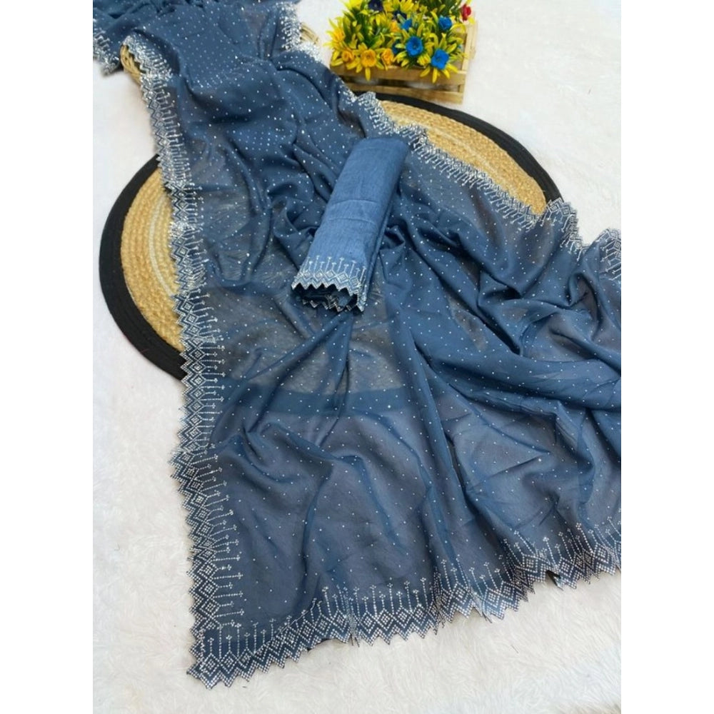 Modish Women's Georgette Stone Work Saree With Blouse Piece