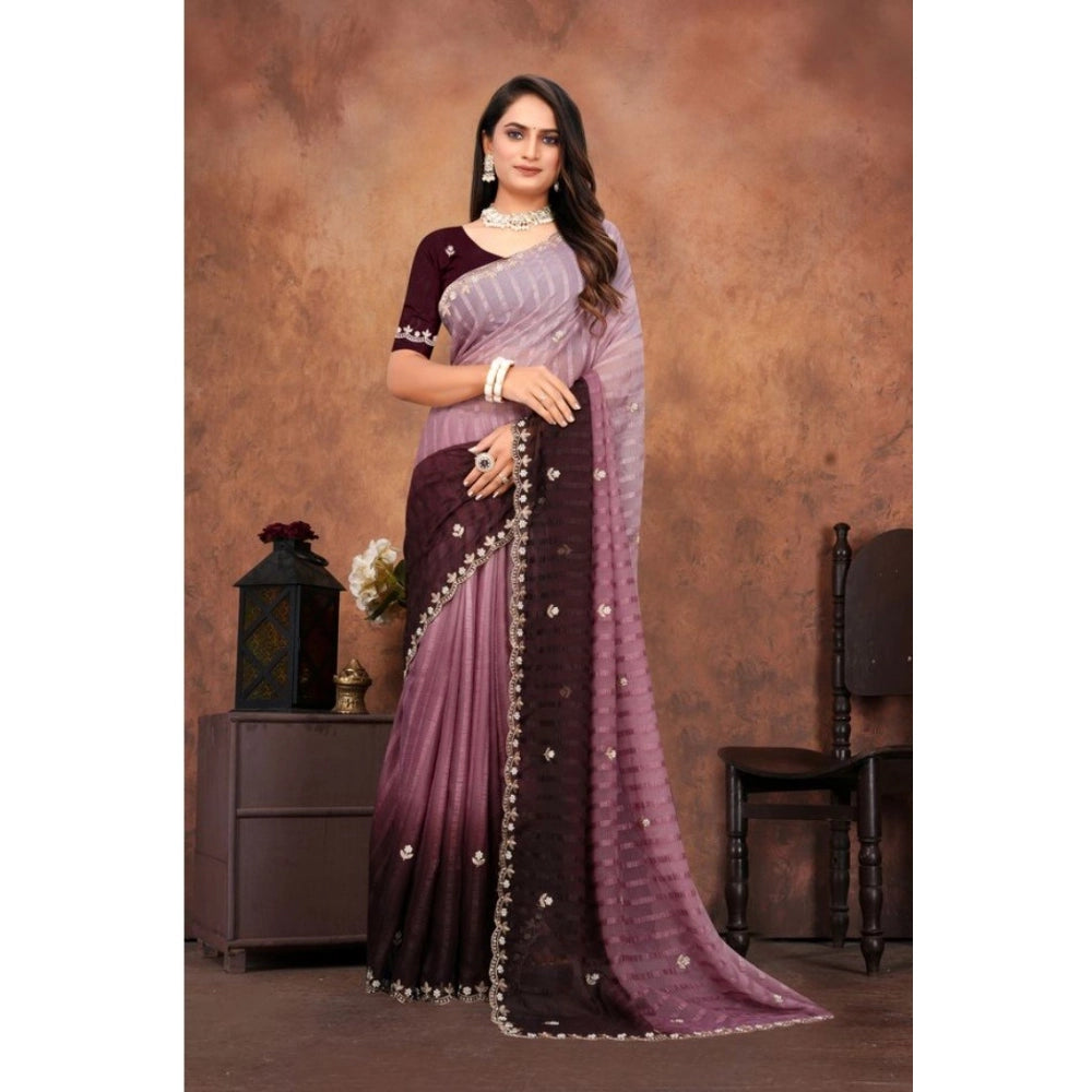 Luxurious Women's Chiffon Embroidred Saree With Blouse Piece