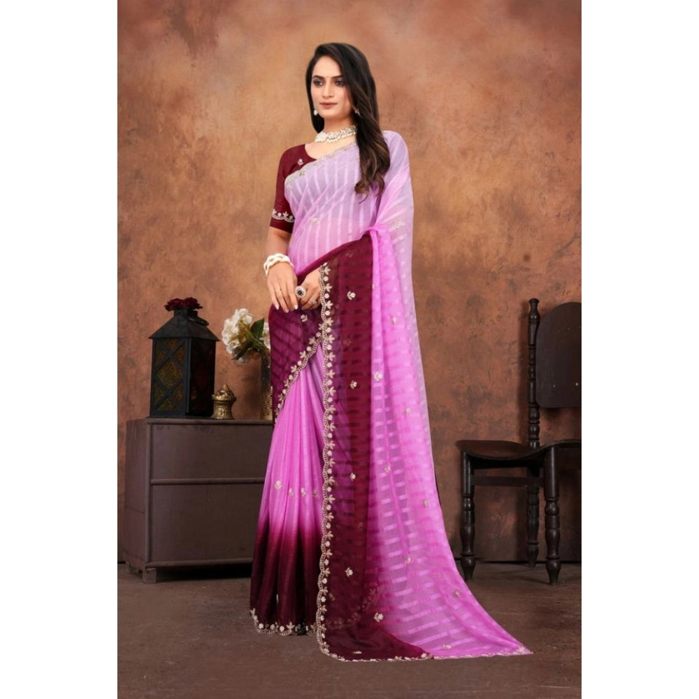 Luxurious Women's Chiffon Embroidred Saree With Blouse Piece