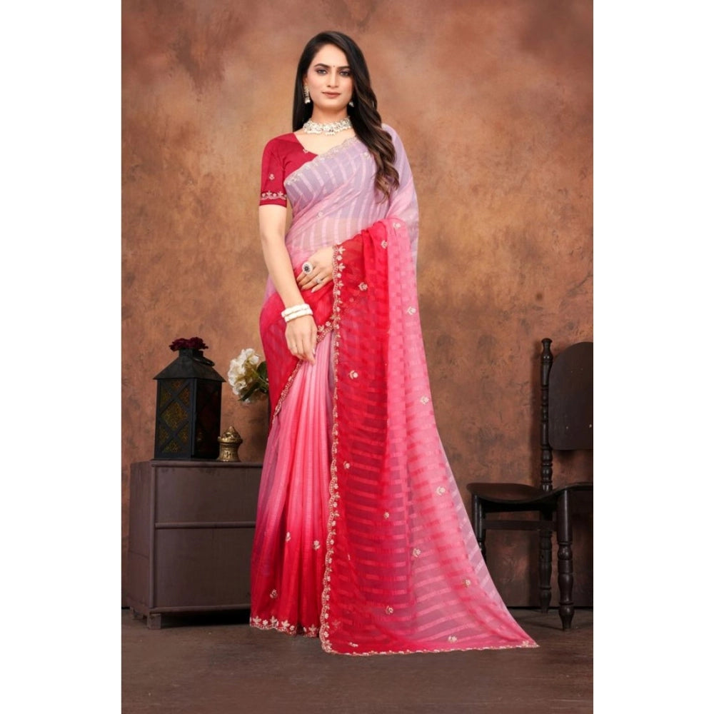 Luxurious Women's Chiffon Embroidred Saree With Blouse Piece