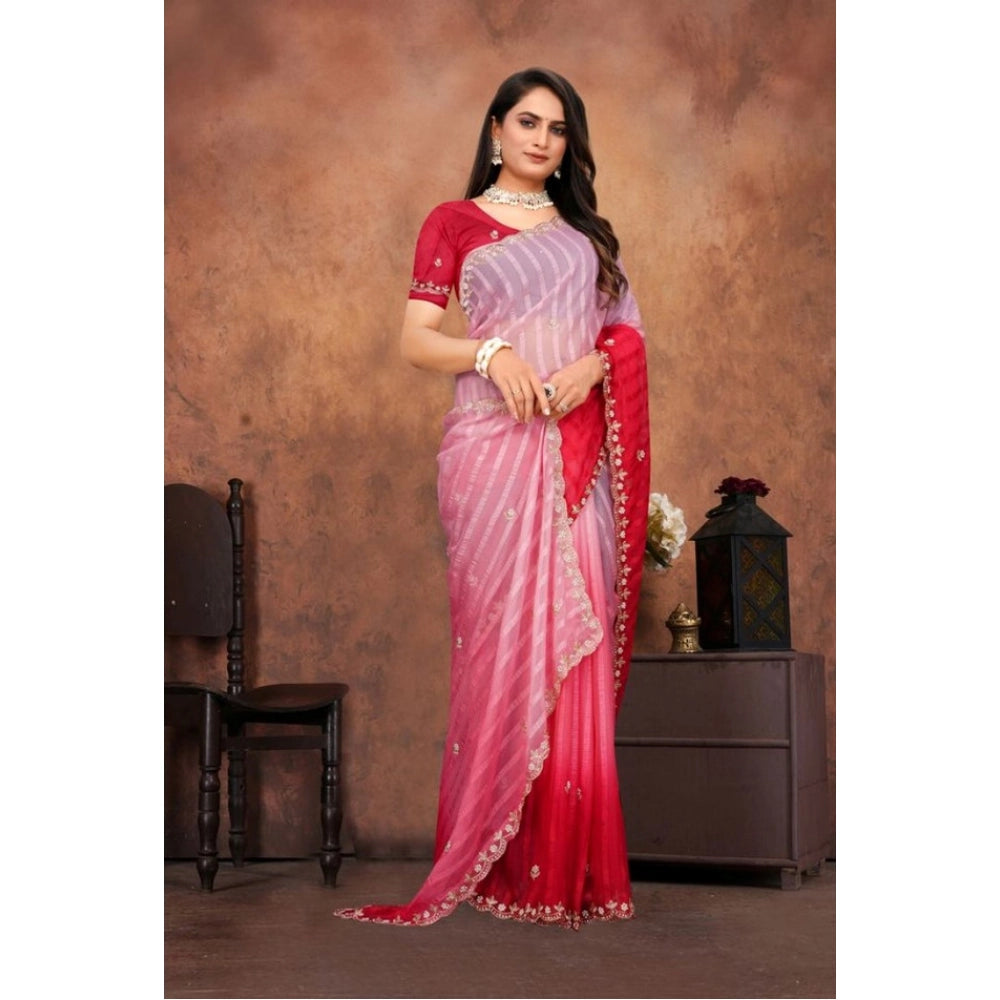 Luxurious Women's Chiffon Embroidred Saree With Blouse Piece