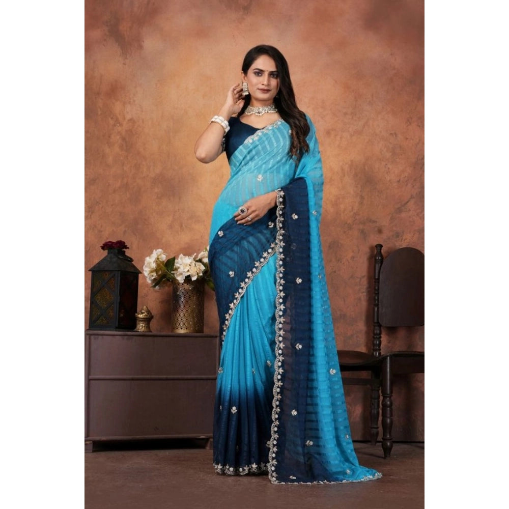 Luxurious Women's Chiffon Embroidred Saree With Blouse Piece