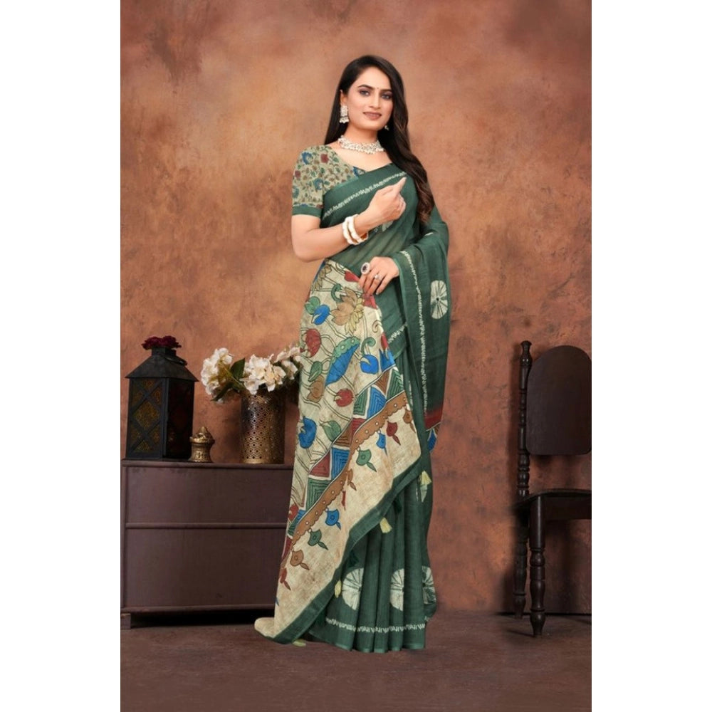 Groovy Women's Linen Printed Saree With Blouse Piece
