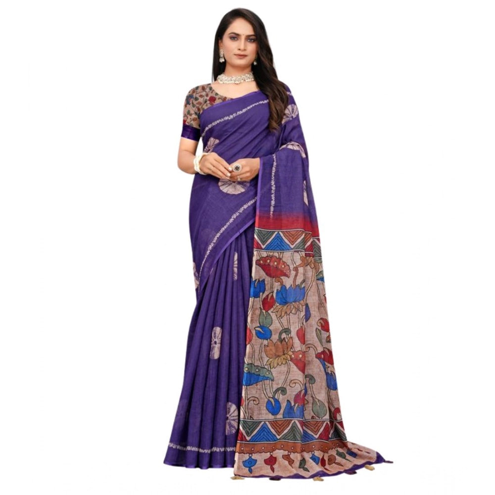 Groovy Women's Linen Printed Saree With Blouse Piece