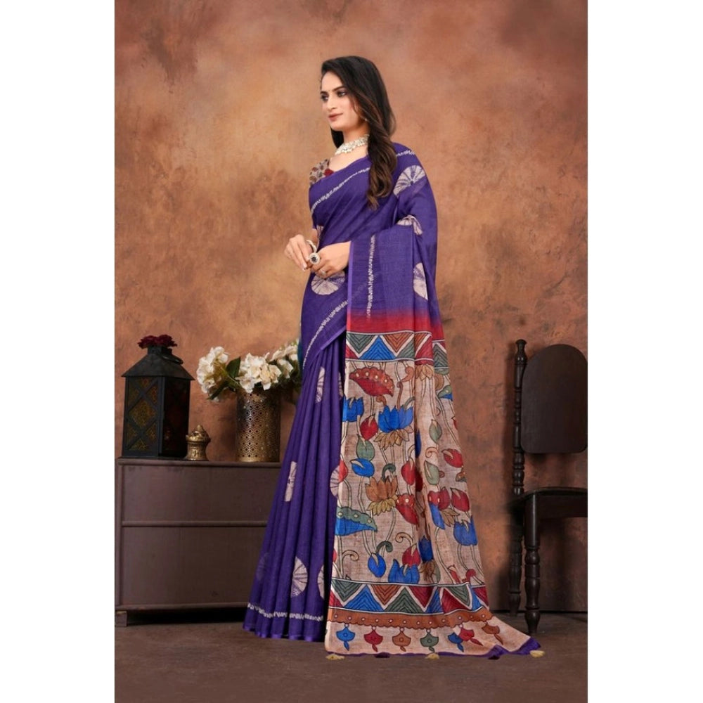 Groovy Women's Linen Printed Saree With Blouse Piece