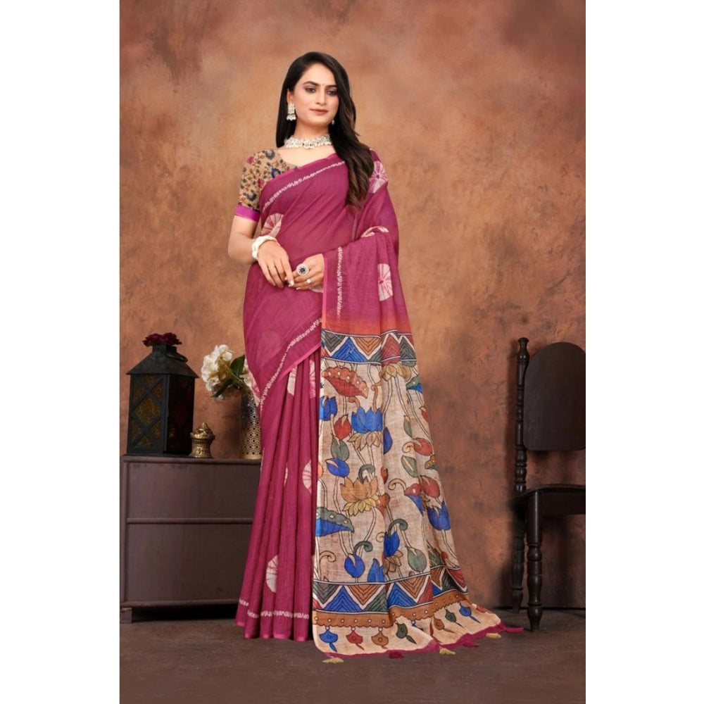 Groovy Women's Linen Printed Saree With Blouse Piece