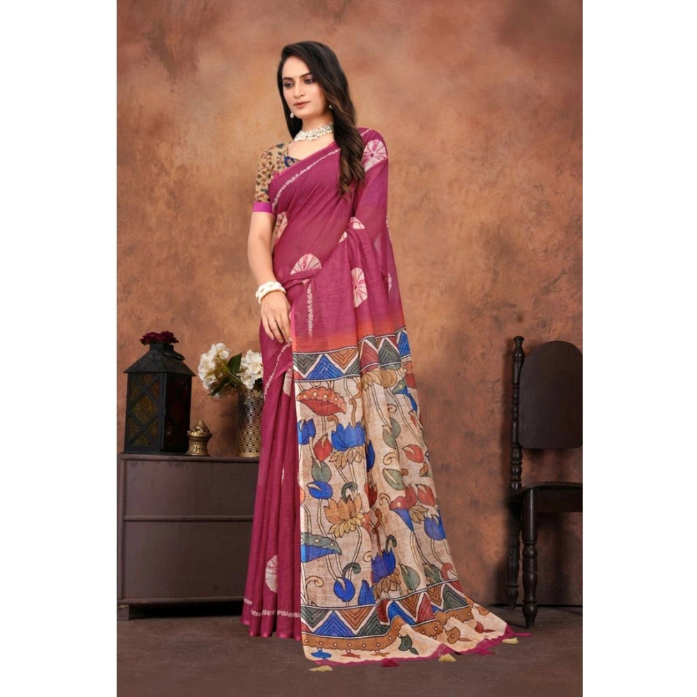 Groovy Women's Linen Printed Saree With Blouse Piece