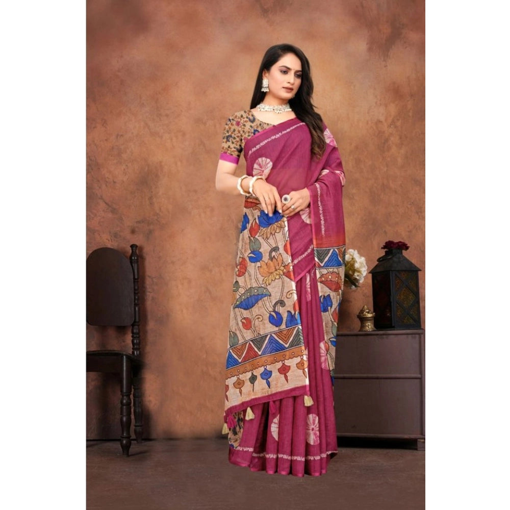 Groovy Women's Linen Printed Saree With Blouse Piece