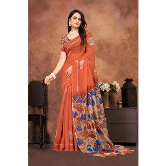 Groovy Women's Linen Printed Saree With Blouse Piece