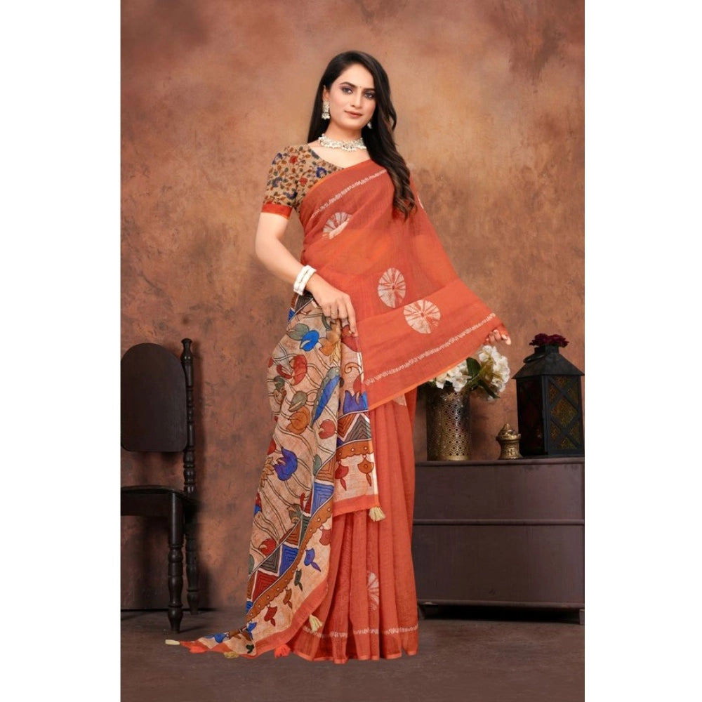 Groovy Women's Linen Printed Saree With Blouse Piece