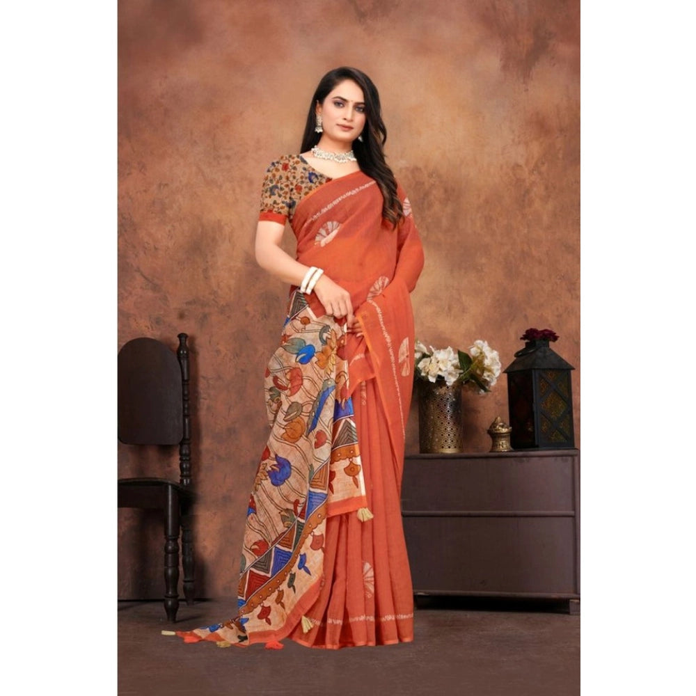 Groovy Women's Linen Printed Saree With Blouse Piece