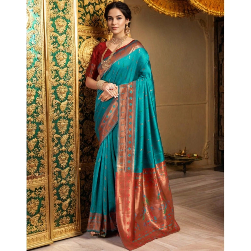 Stylish Women's Silk Blend Zari Woven Saree With Blouse Piece