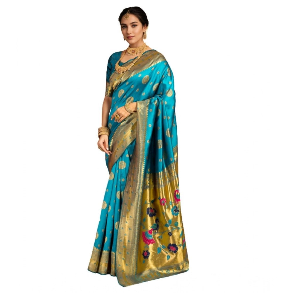 Attractive Women's Silk Blend Paithani Saree With Blouse Piece