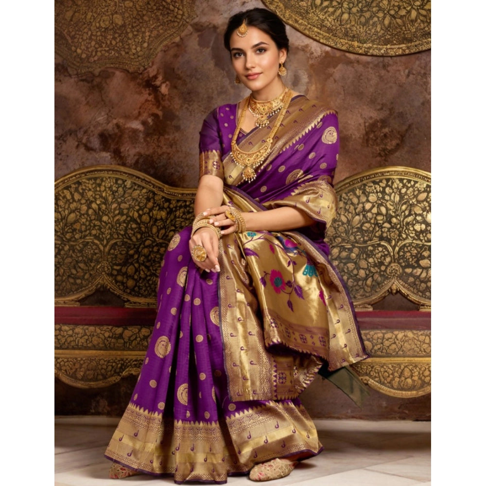 Attractive Women's Silk Blend Paithani Saree With Blouse Piece