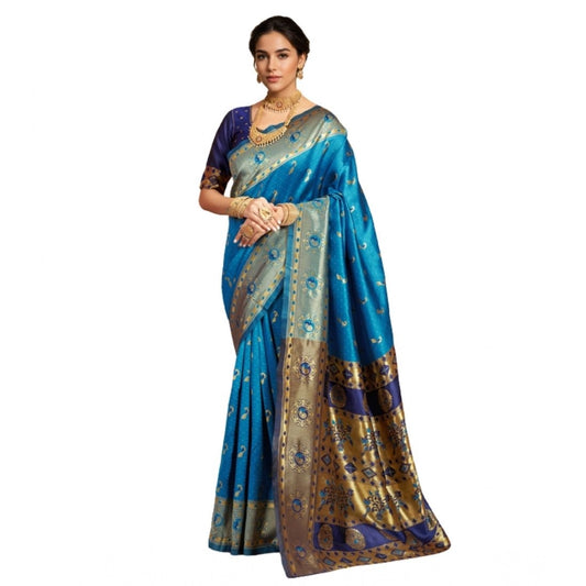 Beautiful Women's Silk Blend Zari Weaving Saree With Blouse Piece