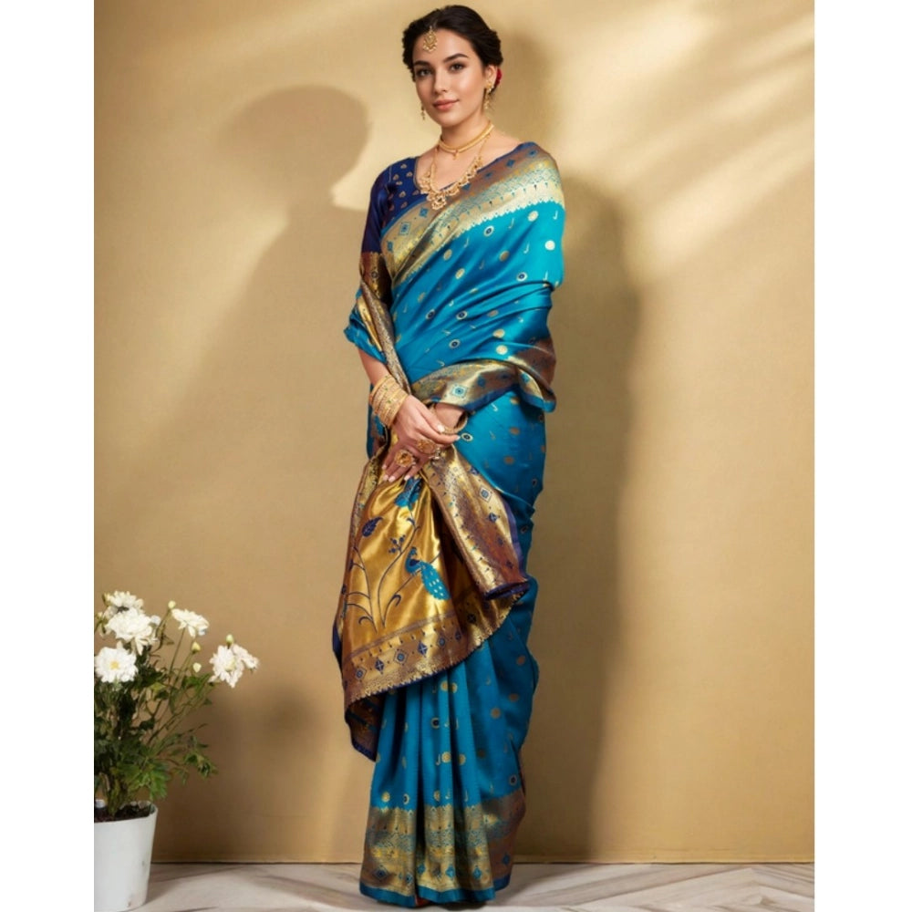 Beautiful Women's Silk Blend Zari Weaving Saree With Blouse Piece