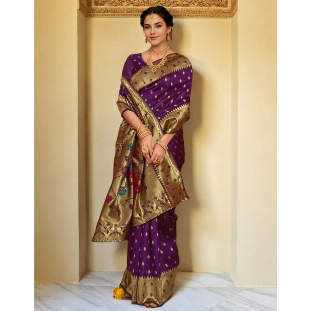 Pretty Women's Silk Blend Zari Weaving Saree With Blouse Piece
